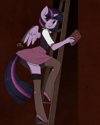 Size: 1024x1280 | Tagged: safe, artist:cpwny, twilight sparkle, alicorn, anthro, g4, blushing, book, clothes, female, heart eyes, ladder, looking at you, mare, shirt, shoes, skirt, solo, stockings, sweater vest, thigh highs, twilight sparkle (alicorn), wingding eyes
