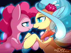 Size: 500x369 | Tagged: safe, artist:dshou, pinkie pie, princess skystar, seapony (g4), g4, my little pony: the movie, bedroom eyes, blue eyes, blue mane, bubble, cute, digital art, dorsal fin, female, fin, fin wings, fins, flower, flower in hair, flowing mane, freckles, glowing, jewelry, lesbian, looking at each other, looking at someone, necklace, ocean, one small thing, open mouth, pearl necklace, scene interpretation, seaponified, seapony pinkie pie, seaquestria, seashell necklace, ship:skypie, shipping, signature, smiling, smiling at each other, species swap, underwater, water, wings