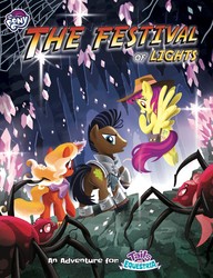 Size: 1285x1675 | Tagged: safe, artist:tony fleecs, firebrand, strong oak, thrilly filly, earth pony, pegasus, pony, spider, unicorn, g4, my little pony: tails of equestria, the festival of lights, armor, book cover, cave, clothes, cover, crystal, female, hat, male, mare, rpg, spider web, stallion, underdark
