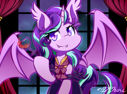 Size: 500x369 | Tagged: safe, artist:dshou, starlight glimmer, alicorn, bat pony, bat pony alicorn, pony, g4, alicornified, bat ponified, bat wings, drink, eye clipping through hair, eyebrows, eyebrows visible through hair, fangs, female, glass, glimbat, looking at you, mare, race swap, smiling, smiling at you, solo, species swap, spread wings, starlicorn, window, wings
