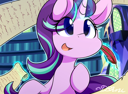 Size: 500x369 | Tagged: safe, artist:dshou, starlight glimmer, pony, unicorn, g4, cute, eye clipping through hair, female, glimmerbetes, levitation, library, magic, mare, open mouth, quill, scroll, smiling, solo, telekinesis, twilight's castle