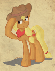 Size: 612x792 | Tagged: safe, artist:cobaltsketch, applejack, earth pony, pony, g4, bandana, female, hat, hat tip, solo