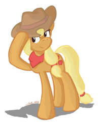 Size: 612x792 | Tagged: safe, alternate version, artist:cobaltsketch, applejack, earth pony, pony, g4, bandana, female, hat, hat tip, simple background, solo, transparent background