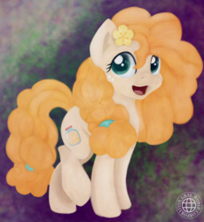 Size: 1615x1753 | Tagged: safe, artist:grayworldcorporation, pear butter, earth pony, pony, g4, blurry, female, flower, freckles, mare, open mouth, smiling, solo