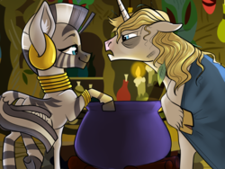 Size: 1024x768 | Tagged: safe, artist:loryska, prince blueblood, zecora, classical unicorn, pony, unicorn, zebra, g4, black eye, cauldron, cloak, clothes, cloven hooves, horn, leonine tail, male, stallion, unshorn fetlocks, zecora's hut