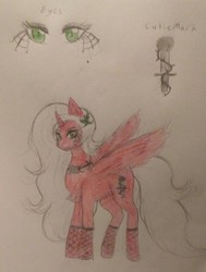 Size: 1440x1901 | Tagged: safe, artist:n1ght_r0se98, oc, oc only, oc:night rose, alicorn, pony, alicorn oc, broach, choker, clothes, cutie mark, fishnet stockings, green eyes, long mane, red fur, reference sheet, solo, stockings, tattoo, thigh highs, traditional art, white mane, wings