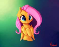 Size: 2500x2000 | Tagged: safe, artist:miokomata, fluttershy, pegasus, pony, g4, belly button, bust, cute, cute little fangs, fangs, female, folded wings, freckles, gradient background, high res, hooves to the chest, looking at you, mare, portrait, shyabetes, signature, smiling, solo, wings