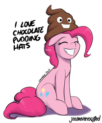 Size: 2664x3204 | Tagged: safe, artist:jcosneverexisted, pinkie pie, earth pony, pony, g4, 30 minute art challenge, comically missing the point, dialogue, eyes closed, female, floppy ears, grin, hat, high res, innocent, mare, naive, simple background, sitting, smiling, solo, white background, 💩