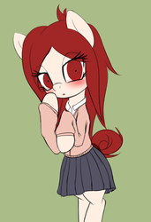Size: 1197x1747 | Tagged: dead source, safe, artist:an-m, oc, oc only, oc:har blair, pony, beautiful, bipedal, blank flank, blushing, clothes, cute, female, looking at you, mare, open mouth, pleated skirt, pony oc, raised hoof, skirt