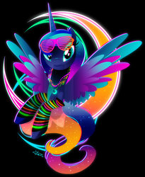 Size: 1024x1248 | Tagged: safe, artist:ii-art, princess luna, alicorn, pony, g4, black background, bust, color porn, design, eyestrain warning, female, mare, neon, shirt design, simple background, smiling, solo, spread wings, sunglasses, synthwave, watermark, wings