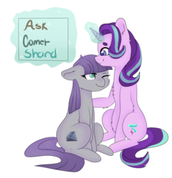 Size: 969x1001 | Tagged: safe, artist:ask-cometshard, maud pie, starlight glimmer, earth pony, pony, unicorn, g4, blushing, duo, eyebrows, female, glowing horn, horn, lesbian, shipping, smiling, starmaud, wrong cutie mark