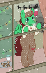 Size: 1896x3000 | Tagged: safe, artist:uniamoon, oc, oc only, oc:northern haste, deer, reindeer, anthro, unguligrade anthro, blushing, christmas, christmas lights, christmas tree, clothes, cookie, diaper, food, footed sleeper, footie pajamas, holiday, milk, onesie, pajamas, santa claus, solo, toddler, tree, window, ych result
