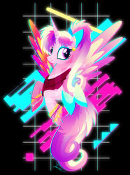 Size: 2113x2839 | Tagged: safe, artist:ii-art, princess cadance, alicorn, pony, g4, 80s, abstract background, bow, bust, female, hair bow, high res, mare, smiling, solo, synthwave, vaporwave