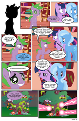 Size: 792x1224 | Tagged: safe, artist:dekomaru, spike, trixie, twilight sparkle, pony, comic:the greatest gift, g4, comic, dragon to pony, female, golden oaks library, lesbian, magic, ponified, ponified spike, ship:twixie, shipping, transformation