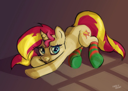 Size: 1400x1000 | Tagged: safe, artist:hardbrony, sunset shimmer, pony, unicorn, g4, clothes, cute, female, looking at you, mare, shimmerbetes, smiling, socks, solo, striped socks