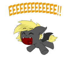 Size: 800x800 | Tagged: safe, artist:sanyo2100, oc, oc only, bat pony, pony, cute, eeee, exclamation point, eyes closed, fangs, female, filly, floppy ears, jumping, mini, open mouth, screaming, screech, simple background, smiling, solo, spread wings, transparent background, underhoof, wings