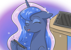 Size: 4092x2893 | Tagged: safe, artist:sumin6301, princess luna, alicorn, pony, g4, drawing tablet, eyes closed, female, mare, smiling, solo, table, tablet pen