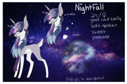 Size: 1500x1000 | Tagged: safe, artist:hyshyy, oc, oc only, oc:nightfall, pony, unicorn, deer tail, female, mare, reference sheet, solo