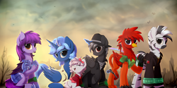 Size: 7000x3500 | Tagged: safe, artist:avastin4, oc, oc only, oc:fast times, oc:platinum glitter, oc:princess jade, oc:valkyrie bloodtail, oc:witching hour, oc:zed, alicorn, bat pony, earth pony, griffon, pony, zebra, fallout equestria, fallout equestria: commonwealth, absurd resolution, alicorn oc, artificial alicorn, bat pony oc, bat wings, blank flank, blue alicorn (fo:e), dead tree, eyes closed, fallout 4, fanfic, fanfic art, fangs, female, filly, foal, group photo, gun, handgun, hooves, horn, lying down, magic, male, mare, open mouth, pipbuck, pistol, prone, sitting, stallion, standing, tree, wasteland, weapon, wings