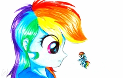 Size: 3302x2117 | Tagged: safe, artist:liaaqila, rainbow dash, human, pony, equestria girls, g4, clothes, cute, female, high res, human ponidox, looking at each other, mare, micro, pun, self ponidox, size difference, tiny, tiny ponies, traditional art, visual pun