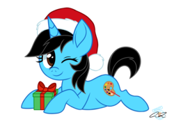 Size: 1534x1090 | Tagged: safe, artist:iheartjapan789, oc, oc only, pony, unicorn, christmas, female, hat, holiday, mare, one eye closed, present, santa hat, simple background, solo, transparent background, wink