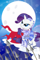 Size: 667x1000 | Tagged: safe, artist:pixelkitties, rarity, g4, armor, army, crystal, female, flag, mare, moon, night, sky, snow, spear, weapon, winter