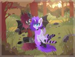 Size: 1700x1300 | Tagged: safe, artist:tay-niko-yanuciq, oc, oc only, oc:bottom out, oc:coin flip, bat pony, pony, unicorn, clothes, crepuscular rays, fluffy, forest, male, scarf, socks, stallion, striped socks, trap, tree