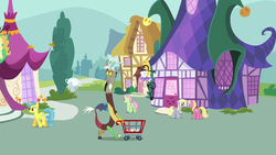 Size: 1280x720 | Tagged: safe, screencap, derpy hooves, discord, florina tart, lemon hearts, lily, lily valley, earth pony, pegasus, pony, unicorn, discordant harmony, g4, apple family member, background pony, female, joke shop, male, mare, shopping cart