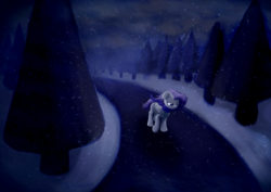 Size: 1920x1358 | Tagged: safe, artist:shaliwolf, fluttershy, pegasus, pony, g4, alone, clothes, cold, female, forest, mare, monochrome, night, scarf, scenery, snow, snowfall, solo, tree, walk, winter