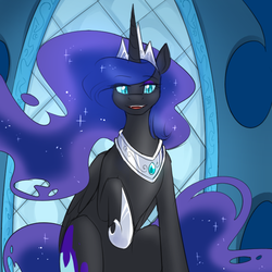 Size: 750x750 | Tagged: safe, artist:cosmalumi, nightmare moon, alicorn, pony, tumblr:ask queen moon, g4, crown, female, hoof shoes, jewelry, mare, regalia, smiling, solo