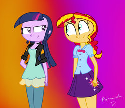 Size: 1406x1213 | Tagged: safe, artist:fernandash, sunset shimmer, twilight sparkle, equestria girls, g4, clothes swap, female, lesbian, looking at each other, ship:sunsetsparkle, shipping, smiling