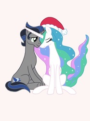 Size: 2048x2732 | Tagged: safe, artist:justsomepainter11, king sombra, princess celestia, alicorn, pony, unicorn, g4, christmas, female, good king sombra, hat, high res, holiday, male, santa hat, ship:celestibra, shipping, show accurate, simple background, smiling, sombra's cutie mark, straight