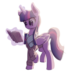 Size: 1187x1227 | Tagged: safe, artist:patty-plmh, twilight sparkle, alicorn, pony, g4, book, clothes, female, folded wings, glowing horn, horn, magic, mare, reading, simple background, smiling, solo, twilight sparkle (alicorn), white background