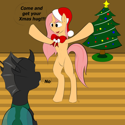 Size: 1048x1048 | Tagged: safe, artist:fireryd3r, oc, oc only, changeling, bow, changeling oc, christmas, christmas tree, holiday, hug, no shading, tree