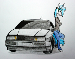 Size: 4208x3280 | Tagged: safe, artist:bumskuchen, oc, oc only, oc:shifting gear, unicorn, anthro, unguligrade anthro, car, solo, traditional art, volkswagen, volkswagen corrado