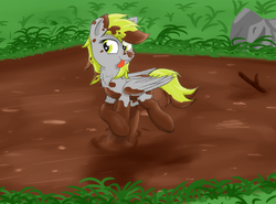 Size: 3385x2505 | Tagged: safe, artist:pzkratzer, derpy hooves, pegasus, pony, g4, :p, covered in mud, dirty, female, high res, mud, mud play, mud river, muddy, playing, silly, smiling, solo, tongue out, wet and messy