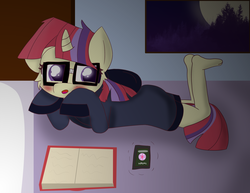 Size: 3300x2550 | Tagged: safe, artist:skyflys, moondancer, anthro, plantigrade anthro, g4, book, clothes, crush, feet, female, filly, high res, implied twilight sparkle, one sided shipping, oversized clothes, phone, sweater, younger