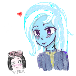 Size: 364x362 | Tagged: safe, artist:starwantrix, trixie, equestria girls, g4, crossover, crude sketch, drawing, fallout 4, female, lesbian, piper wright