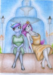 Size: 1637x2308 | Tagged: safe, artist:sinaherib, oc, oc only, oc:amber earring, oc:rainfall, anthro, anthro oc, clothes, dress, female, fountain, mare, next generation, offspring, parent:fancypants, parent:rainbow dash, parent:rarity, parent:soarin', parents:raripants, parents:soarindash, sitting, smiling, traditional art
