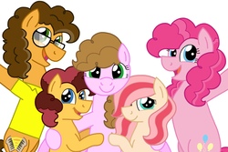 Size: 4096x2739 | Tagged: safe, artist:kindheart525, cheese sandwich, pinkie pie, oc, oc:chocolate cheesecake, oc:confetti surprise, oc:cream jade, earth pony, pegasus, pony, kindverse, g4, alternate hairstyle, family, female, glasses, heartwarming in hindsight, looking at you, male, offspring, parent:cheese sandwich, parent:pinkie pie, parents:cheesepie, ship:cheesepie, shipping, straight, twins