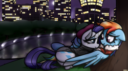 Size: 3874x2176 | Tagged: safe, artist:jetwave, rainbow dash, rarity, pegasus, pony, unicorn, g4, beatnik rarity, beret, butt, city, clothes, cuddling, featured image, female, hat, high res, lesbian, mare, moon, night, plot, sexy, ship:raridash, shipping, shoes, smiling, snuggling, sogreatandpowerful, sweater, tree