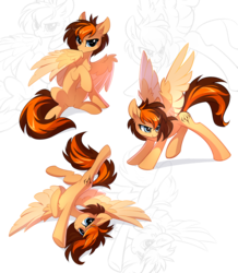 Size: 1309x1500 | Tagged: safe, artist:tomatocoup, oc, oc only, oc:aerion featherquill, pegasus, pony, biting, chest fluff, female, looking at you, mare, preening, simple background, solo, spread wings, transparent background, wing bite, wings, zoom layer