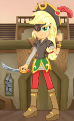 Size: 2032x3312 | Tagged: safe, artist:lightningsentry1, applejack, equestria girls, g4, my little pony: the movie, badass, clothes, eyepatch, female, freckles, hat, high res, pirate, pirate applejack, pirate hat, pirate ship, sword, weapon