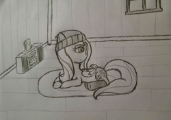 Size: 2555x1784 | Tagged: safe, artist:cartooniste2z, fluttershy, pony, g4, beanie, clothes, corner, female, hat, moody, music, socks, solo, traditional art