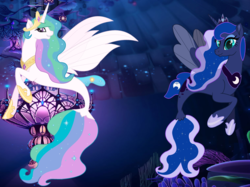Size: 3984x2976 | Tagged: safe, artist:lightningsentry1, princess celestia, princess luna, alicorn, pony, seapony (g4), g4, my little pony: the movie, duo, ethereal mane, female, fin wings, fish tail, high res, hoof shoes, horn, mare, movie accurate, purple eyes, royal sisters, seaponified, seapony celestia, seapony luna, seaquestria, smiling, species swap, starry mane, underwater, water, wings