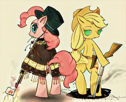 Size: 1080x872 | Tagged: safe, artist:jawlo, applejack, pinkie pie, g4, bang, clint eastwood, clothes, cowboy hat, food, gun, hat, looking at you, looking back, poncho, popsicle, serape, top hat, weapon