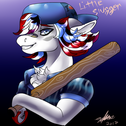 Size: 1024x1024 | Tagged: safe, artist:brainiac, oc, oc only, oc:little slugger, fallout equestria:lonesome airwaves, bandage, baseball bat, chest fluff, clothes, face paint, female, hat, mare, solo, underhoof