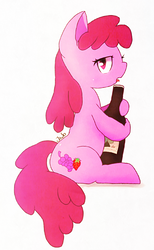 Size: 942x1525 | Tagged: safe, artist:jawlo, berry punch, berryshine, earth pony, pony, g4, bottle, female, hug object, mare, open mouth, profile, simple background, sitting, solo, tongue out, wine bottle