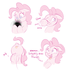 Size: 1000x1000 | Tagged: safe, artist:heir-of-rick, pinkie pie, earth pony, pony, g4, black hole, bust, chewing, colored sketch, dialogue, eating, edible heavenly object, female, floppy ears, gulp, how, mare, open mouth, pinkie being pinkie, pinkie physics, simple background, smiling, tangible heavenly object, this explains everything, tongue out, white background, xk-class end-of-the-world scenario