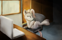 Size: 1224x792 | Tagged: safe, artist:beardie, oc, oc only, earth pony, pony, chair, city, cityscape, computer, laptop computer, phone, window